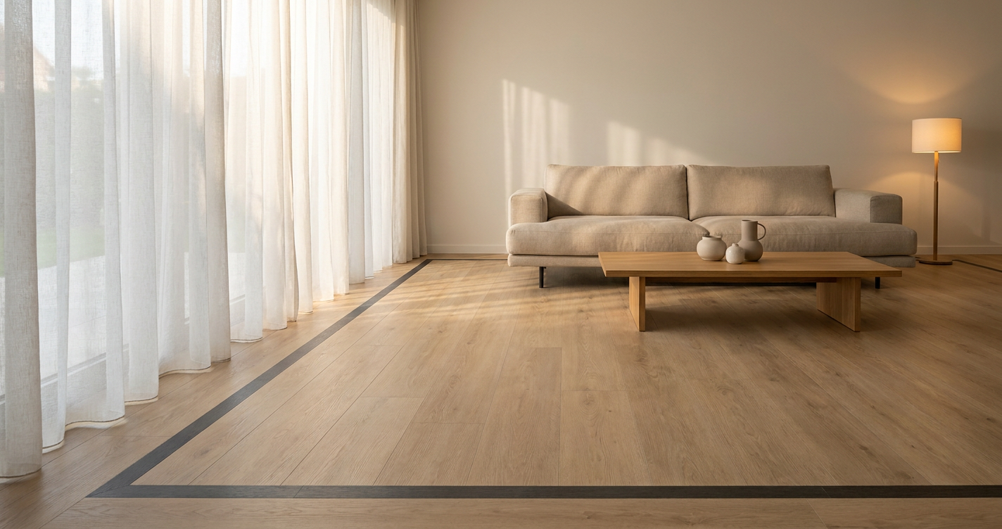 Moderne woonkamer met PVC band en bies vloer en minimalistische inrichting