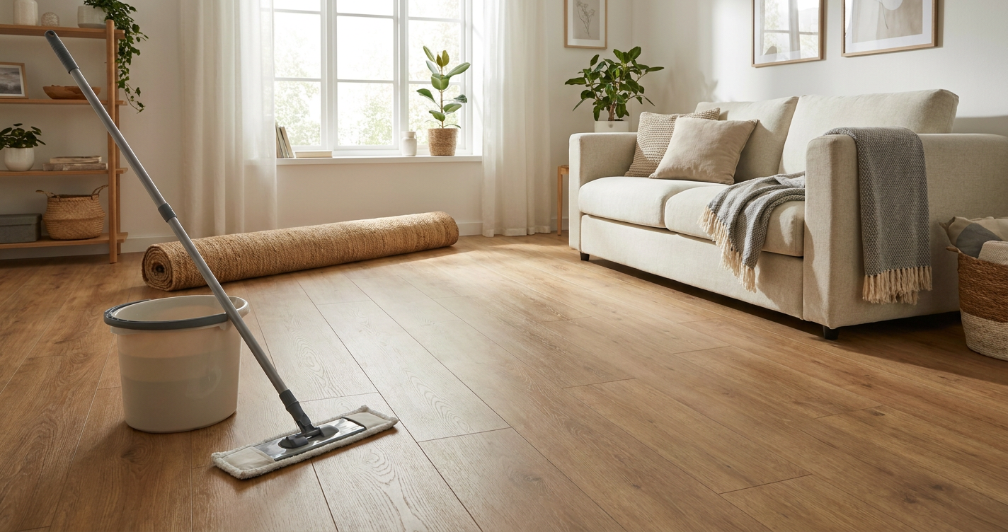 PVC woonkamer vloer dweilen met microvezel – beste schoonmaakmiddel voor vloeren