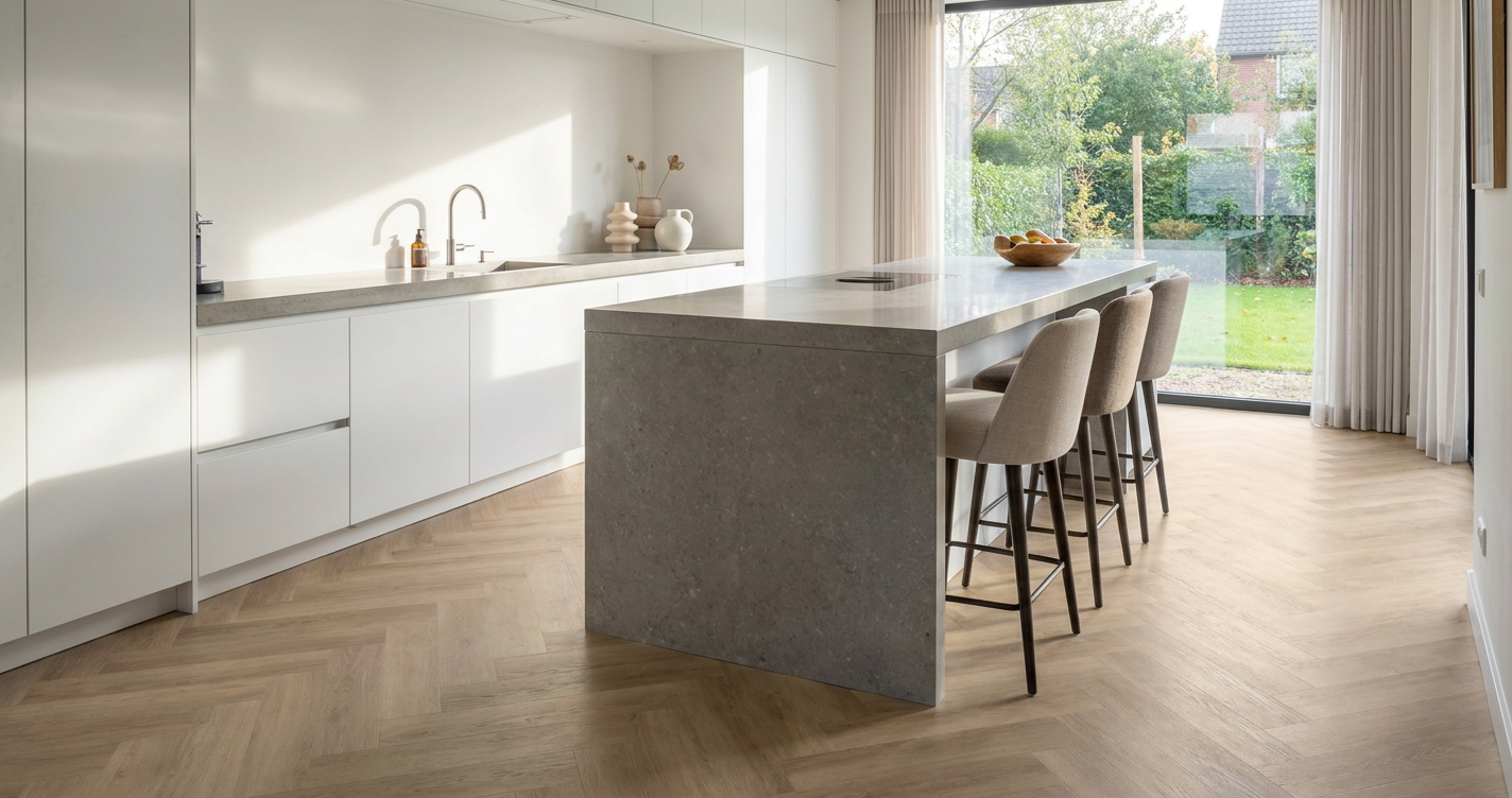 PVC keukenvloer in moderne woonkeuken met eiland